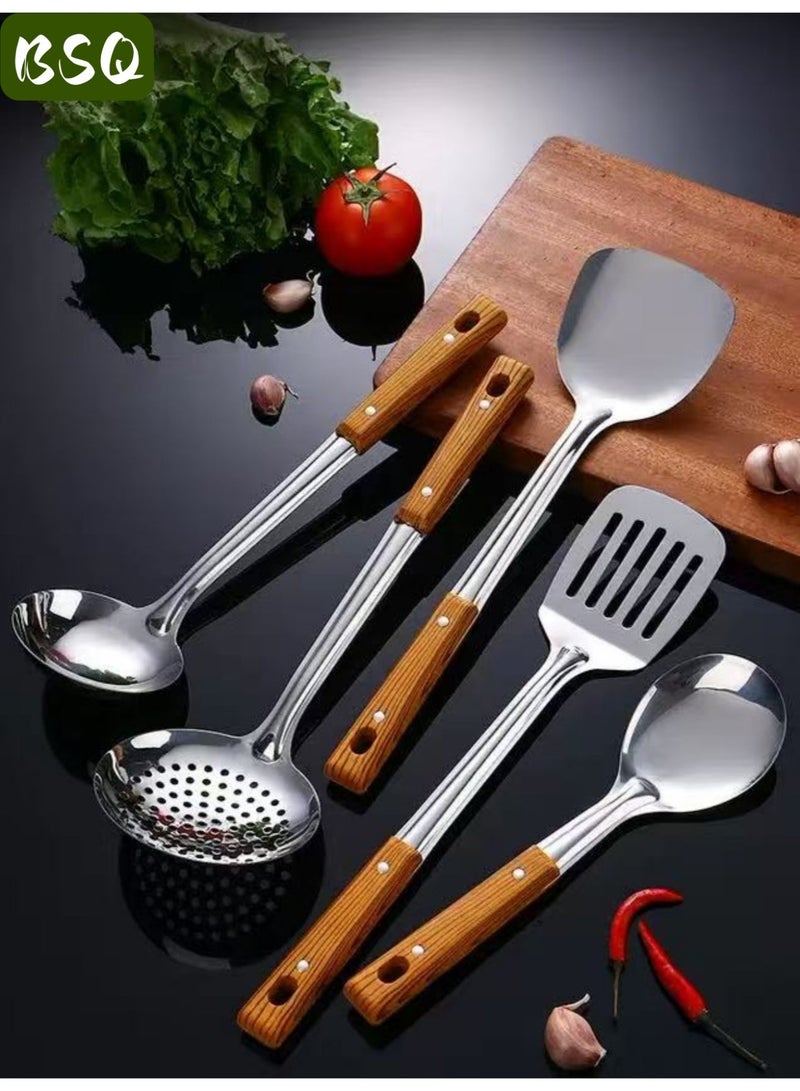 بي إس كيو مجموعة أدوات طهي ووك وملعقة من الفولاذ المقاوم للصدأ مكونة من 5 قطع - مجموعة أدوات ووك احترافية (مغرفة، ملعقة، ملعقة أرز، مصفاة، حجر قلي) - Image 2
