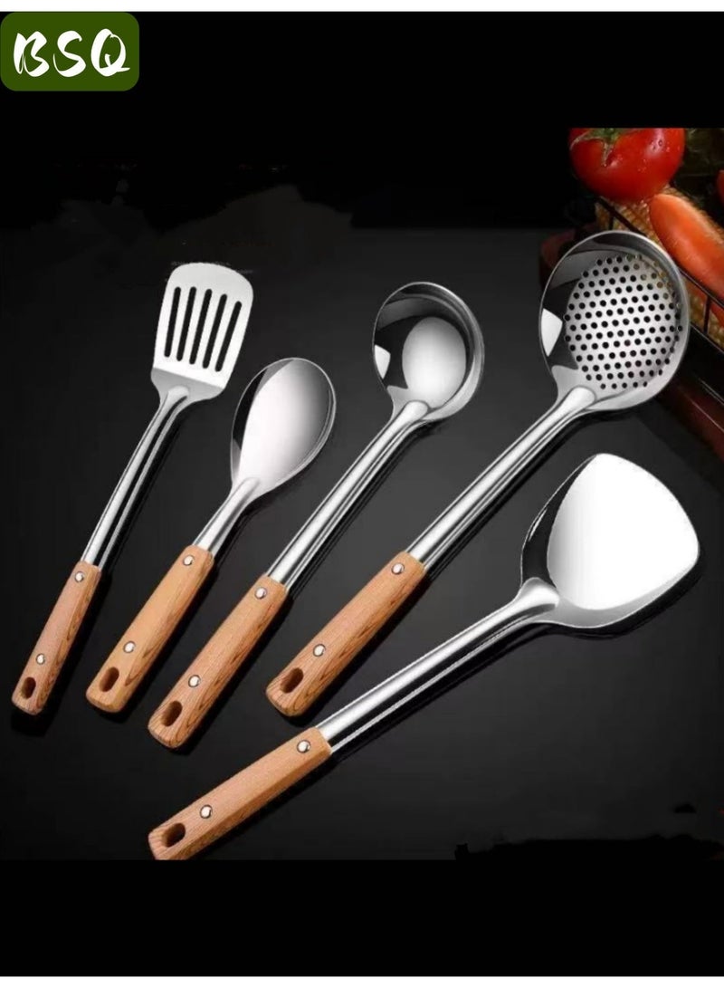 بي إس كيو مجموعة أدوات طهي ووك وملعقة من الفولاذ المقاوم للصدأ مكونة من 5 قطع - مجموعة أدوات ووك احترافية (مغرفة، ملعقة، ملعقة أرز، مصفاة، حجر قلي) - Image 3