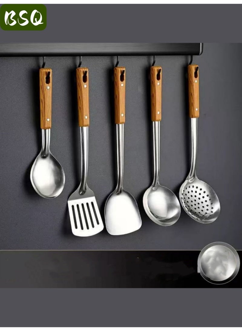 بي إس كيو مجموعة أدوات طهي ووك وملعقة من الفولاذ المقاوم للصدأ مكونة من 5 قطع - مجموعة أدوات ووك احترافية (مغرفة، ملعقة، ملعقة أرز، مصفاة، حجر قلي) - Image 1