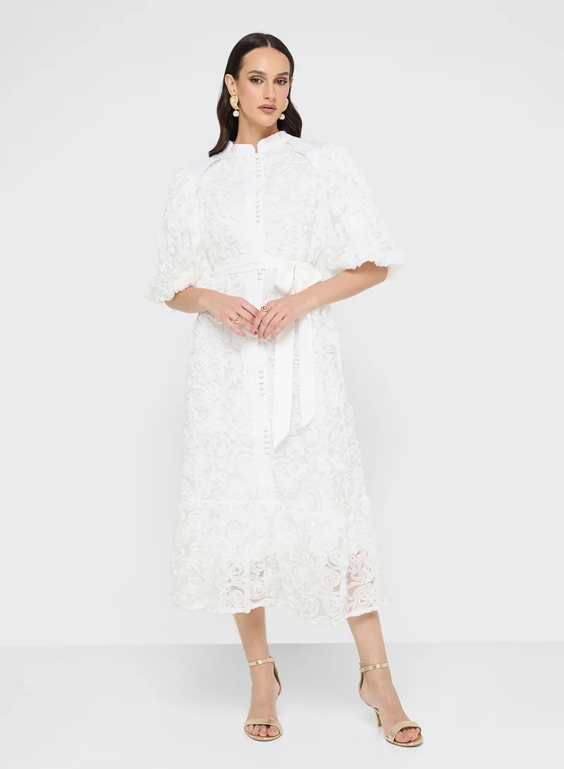 Khizana 3D Floral Shirt Dress With Puff Sleeves