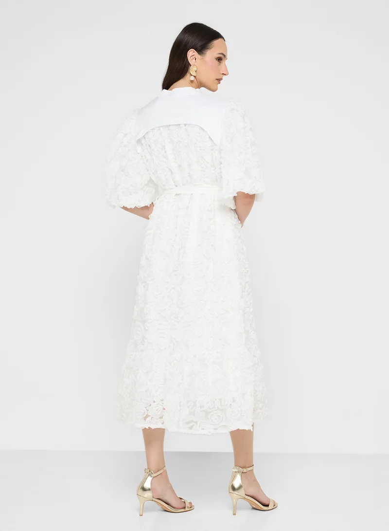 Khizana 3D Floral Shirt Dress With Puff Sleeves