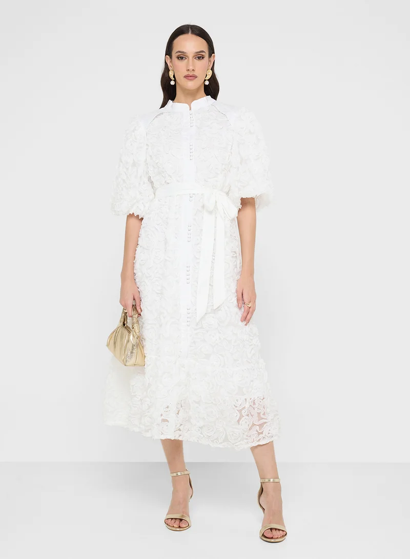 Khizana 3D Floral Shirt Dress With Puff Sleeves