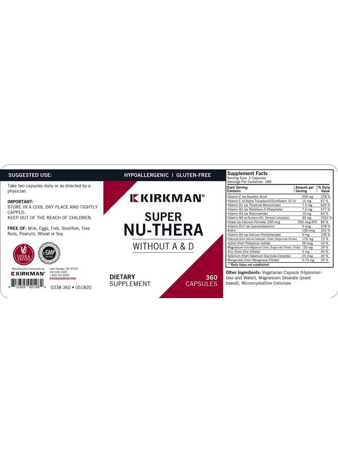 Kirkman - Kirkman Super Nu-Thera® w/o Vitamins A and D - Hypoallergenic || 360 Vegetarian Capsules || Multi Vitamin || Provides high Vitamin B-6 and Magnesium Content || Gluten and Casein Free - Image 1