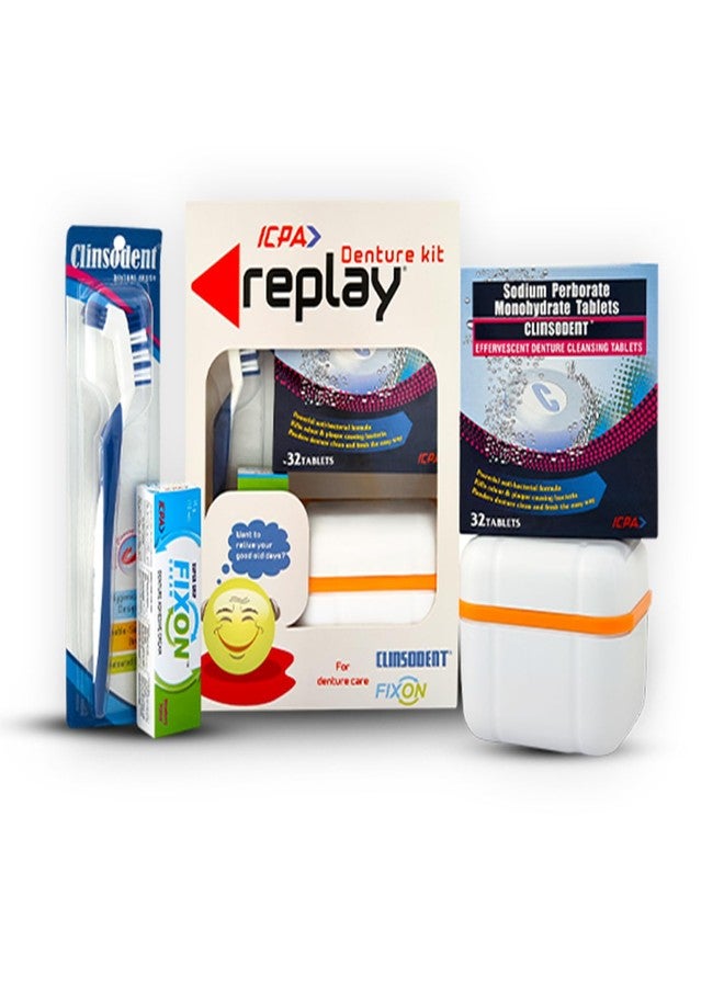 ICPA Replay Denture Cleaning Kit with Storage Container | Clinsodent Tablet Pack of 1 | Adhesive Cream 15 g | Clinsodent Brush Pack of 1 with Storage Container - Image 1