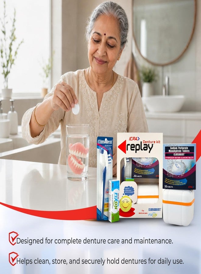 ICPA Replay Denture Cleaning Kit with Storage Container | Clinsodent Tablet Pack of 1 | Adhesive Cream 15 g | Clinsodent Brush Pack of 1 with Storage Container - Image 5