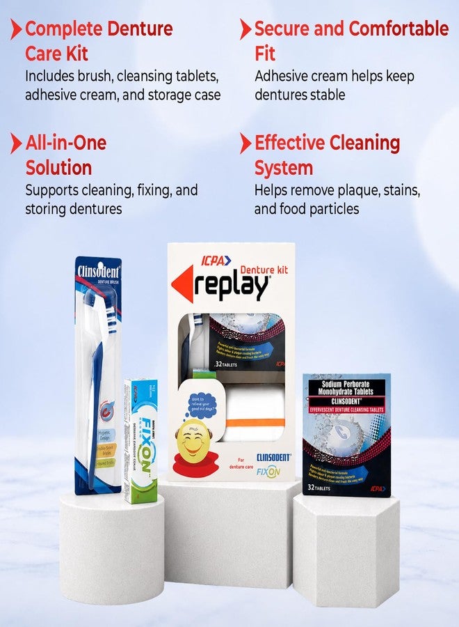 ICPA Replay Denture Cleaning Kit with Storage Container | Clinsodent Tablet Pack of 1 | Adhesive Cream 15 g | Clinsodent Brush Pack of 1 with Storage Container - Image 3