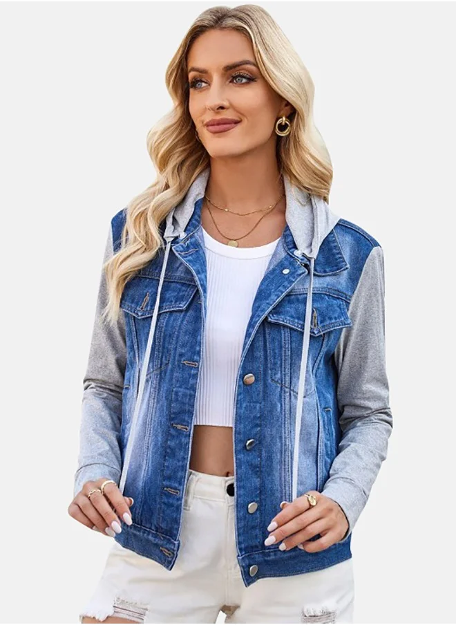 يونيكي Blue Hooded Long Sleeve Denim Jacket