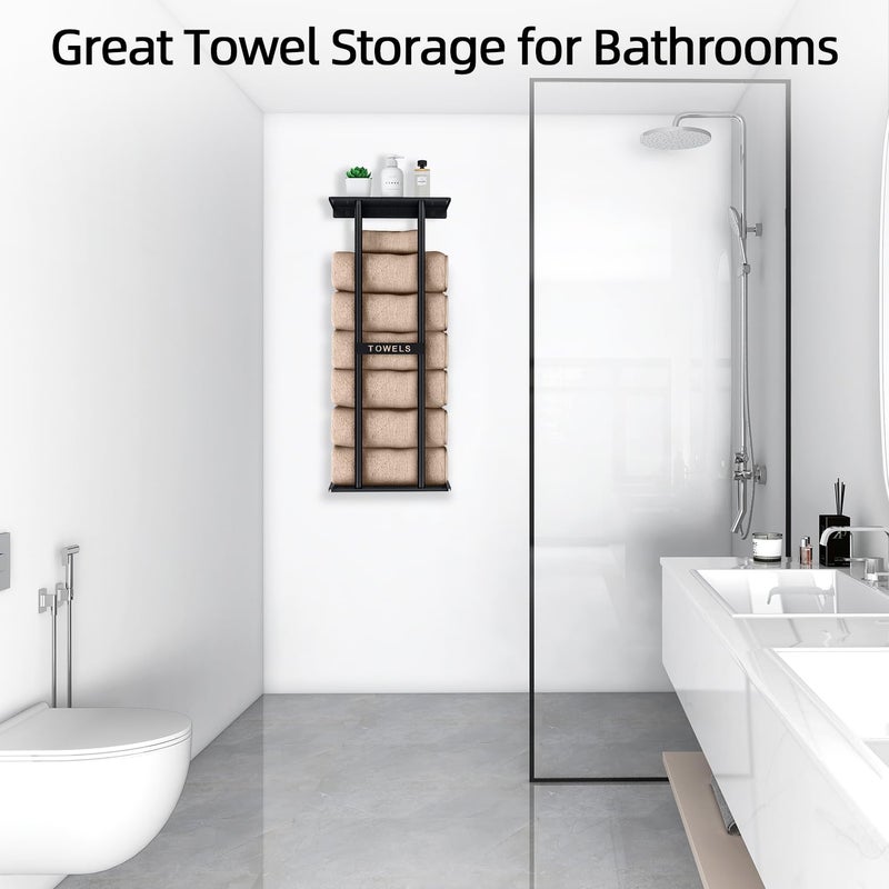STWWO Bathroom Towel Storage Rack, Towel Racks for Bathroom Wall Mounted 30 inch with Shelf Can Holds 6 Large Towels, Wall Towel Rack for Rolled Towels, Black - Image 3