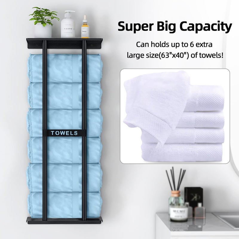 STWWO Bathroom Towel Storage Rack, Towel Racks for Bathroom Wall Mounted 30 inch with Shelf Can Holds 6 Large Towels, Wall Towel Rack for Rolled Towels, Black - Image 4