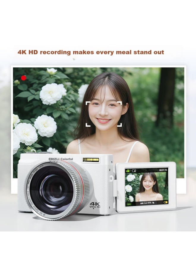 Caizu Student Entry-level Mirrorless 64mp Hd Flip Screen Digital Slr Camera Vlog Shooting Recording Beauty Replacing Ccd Camera Silver White Wide-angle Lens 256g - Image 2