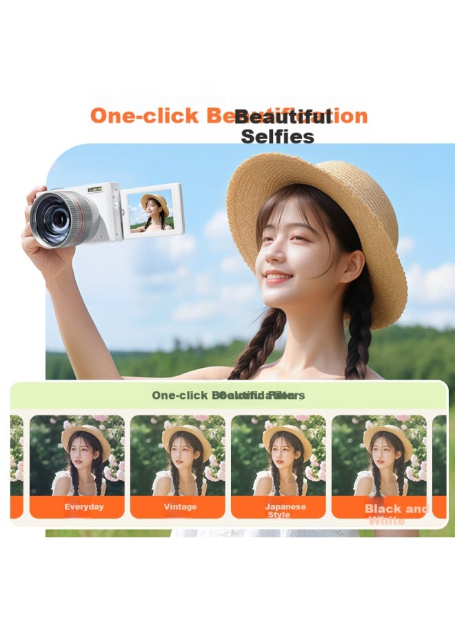 Caizu Student Entry-level Mirrorless 64mp Hd Flip Screen Digital Slr Camera Vlog Shooting Recording Beauty Replacing Ccd Camera Silver White Wide-angle Lens 256g - Image 1