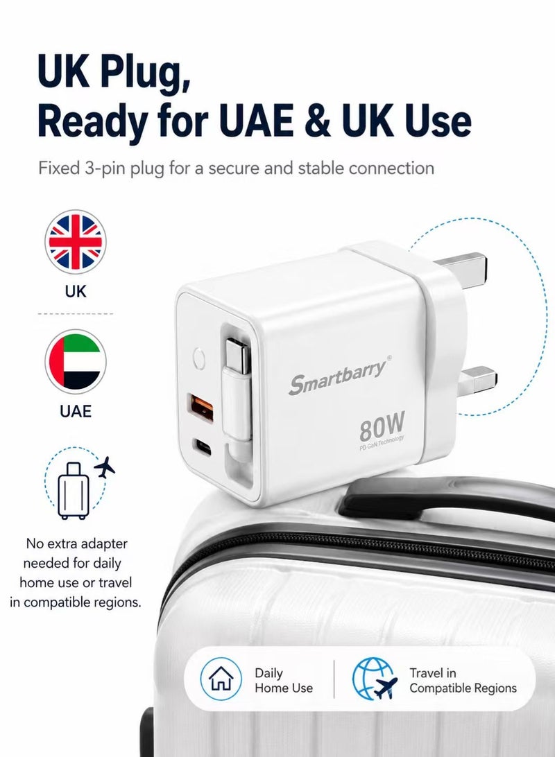 Smartbarry 80W GaN PD Fast Charger with Built-in Retractable Cable, 3-in-1 Type-C & USB Wall Charger, UK Plug for iPhone Samsung Laptop - Image 5