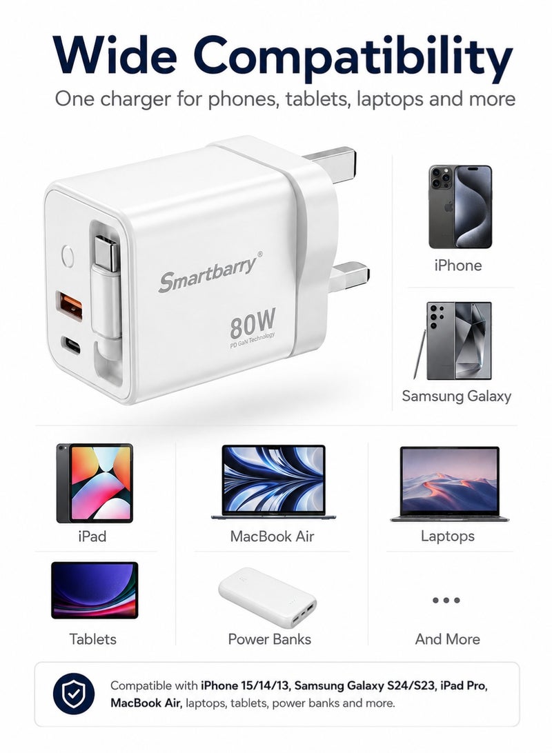 Smartbarry 80W GaN PD Fast Charger with Built-in Retractable Cable, 3-in-1 Type-C & USB Wall Charger, UK Plug for iPhone Samsung Laptop - Image 3