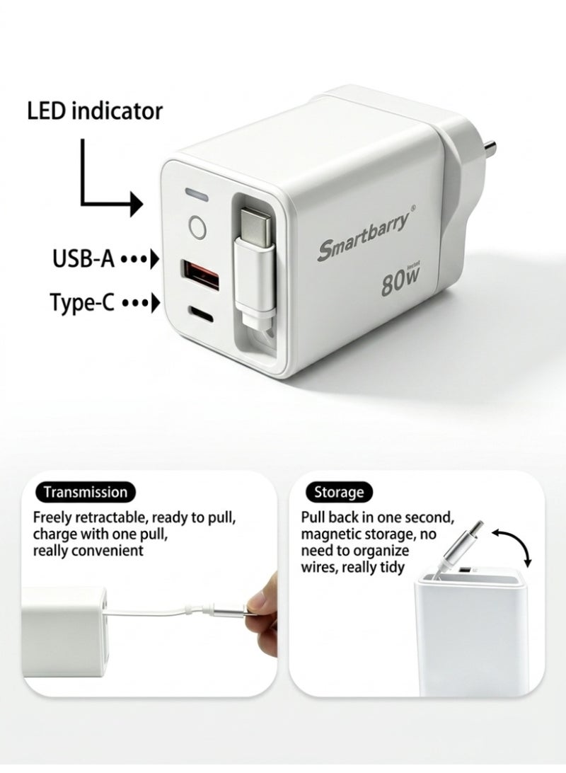 Smartbarry 80W GaN PD Fast Charger with Built-in Retractable Cable, 3-in-1 Type-C & USB Wall Charger, UK Plug for iPhone Samsung Laptop - Image 4
