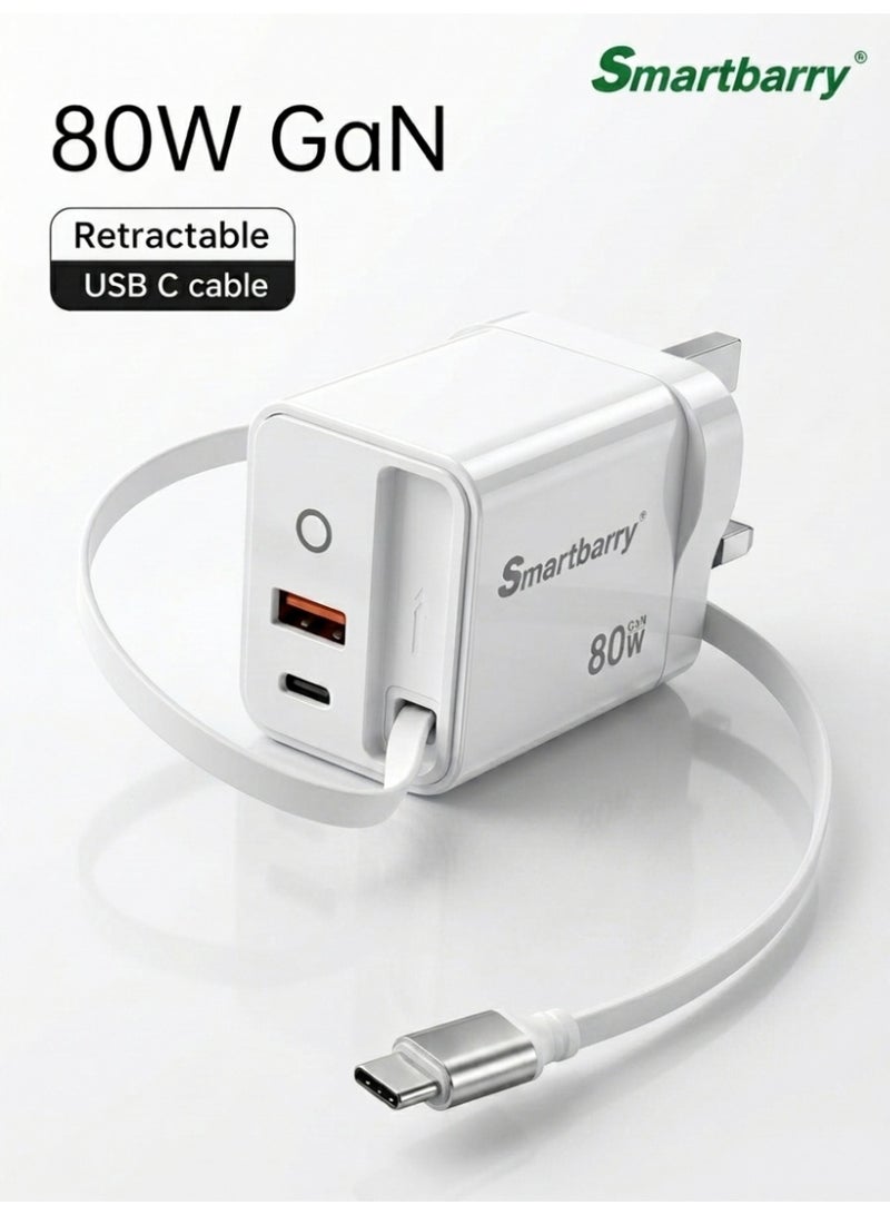 Smartbarry 80W GaN PD Fast Charger with Built-in Retractable Cable, 3-in-1 Type-C & USB Wall Charger, UK Plug for iPhone Samsung Laptop - Image 1