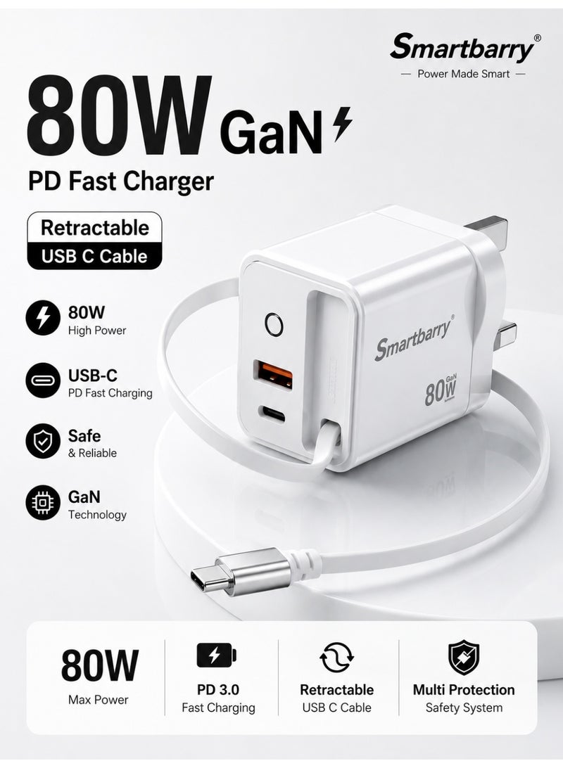 سمارت باري 80W شاحن سريع GaN PD مع كابل مدمج قابل للسحب، شاحن حائط Type-C و USB، قابس بريطاني متوافق مع iPhone و Samsung و Laptop - Image 1