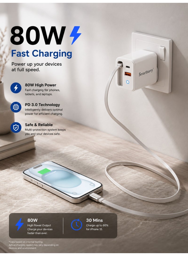 سمارت باري 80W شاحن سريع GaN PD مع كابل مدمج قابل للسحب، شاحن حائط Type-C و USB، قابس بريطاني متوافق مع iPhone و Samsung و Laptop - Image 2