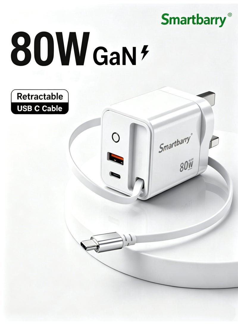 Smartbarry 80W GaN PD Fast Charger with Built-in Retractable Cable, 3-in-1 Type-C & USB Wall Charger, UK Plug for iPhone Samsung Laptop - Image 1