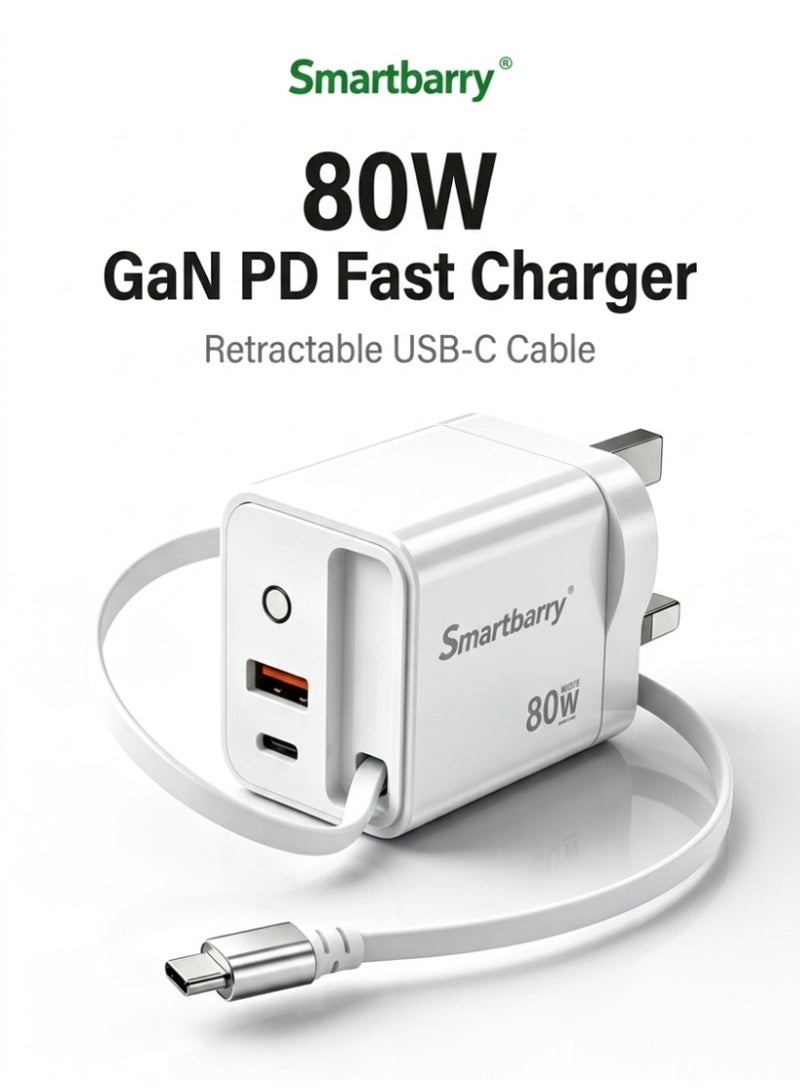 سمارت باري 80W شاحن سريع GaN PD مع كابل مدمج قابل للسحب، شاحن حائط Type-C و USB، قابس بريطاني متوافق مع iPhone و Samsung و Laptop - Image 1