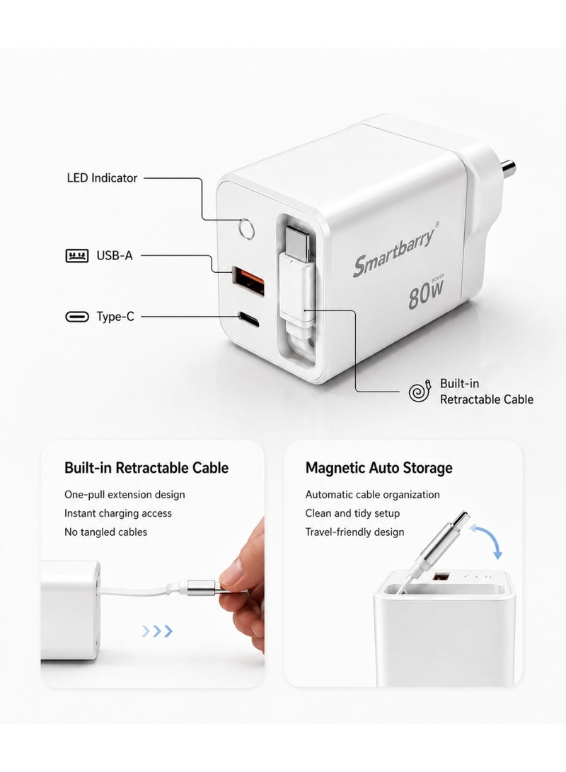 سمارت باري whiteشاحن GaN سريع بقوة 80 واط مع كابل USB-C مدمج قابل للسحب بطول 60 سم، منفذا USB-C وUSB-A، شاحن حائط PD للسفر متوافق مع iPhone 16/15/14 وSamsung S25/S24 وiPad وMacBook وأجهزة اللابتوب - Image 2
