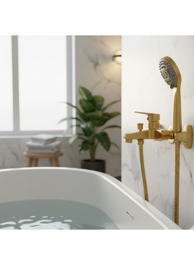 Golden Wall Mounted Shower Mixer Tap with Handheld Shower Set - Image 3