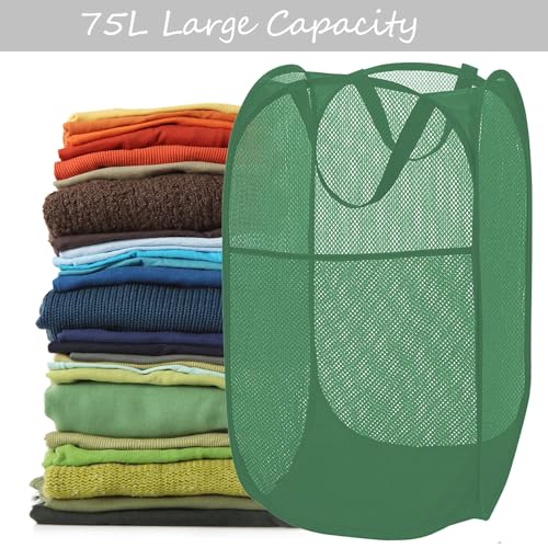 BATTOO Deluxe Strong Mesh Pop up Laundry Hamper Basket with Side Pocket for Laundry Room, Bathroom, Kids Room, College Dorm or Travel Green - Image 2
