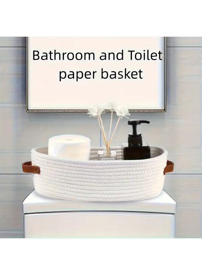 White Woven Storage Basket With Handle Oval Rope Bin For Home Decor - Image 5