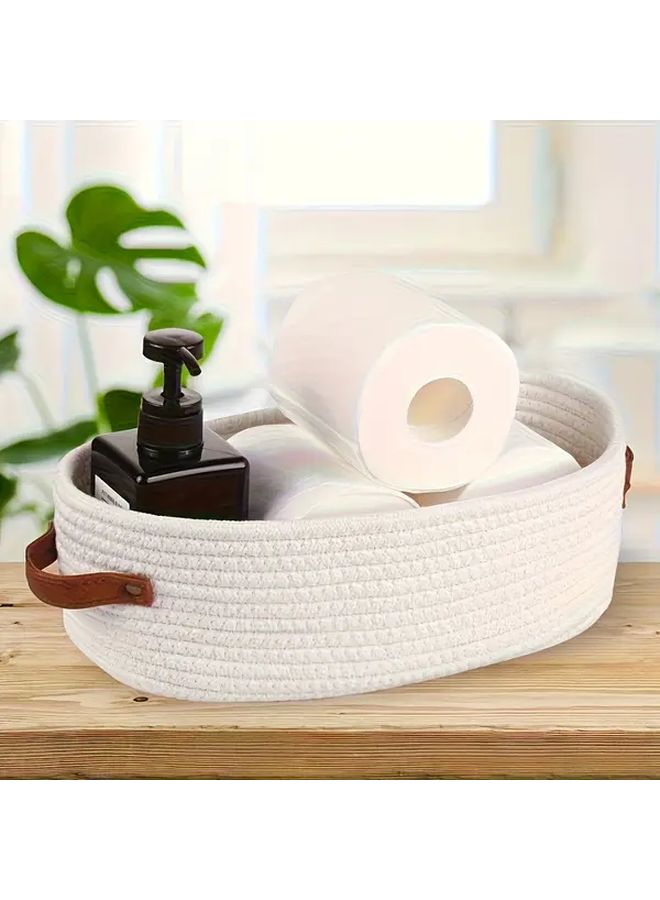 White Woven Storage Basket With Handle Oval Rope Bin For Home Decor - Image 2