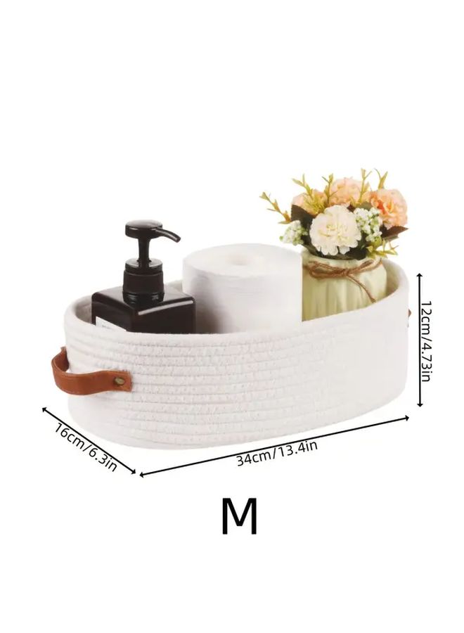 White Woven Storage Basket With Handle Oval Rope Bin For Home Decor - Image 3