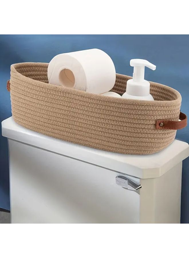 White Woven Storage Basket With Handle Oval Rope Bin For Home Decor - Image 1