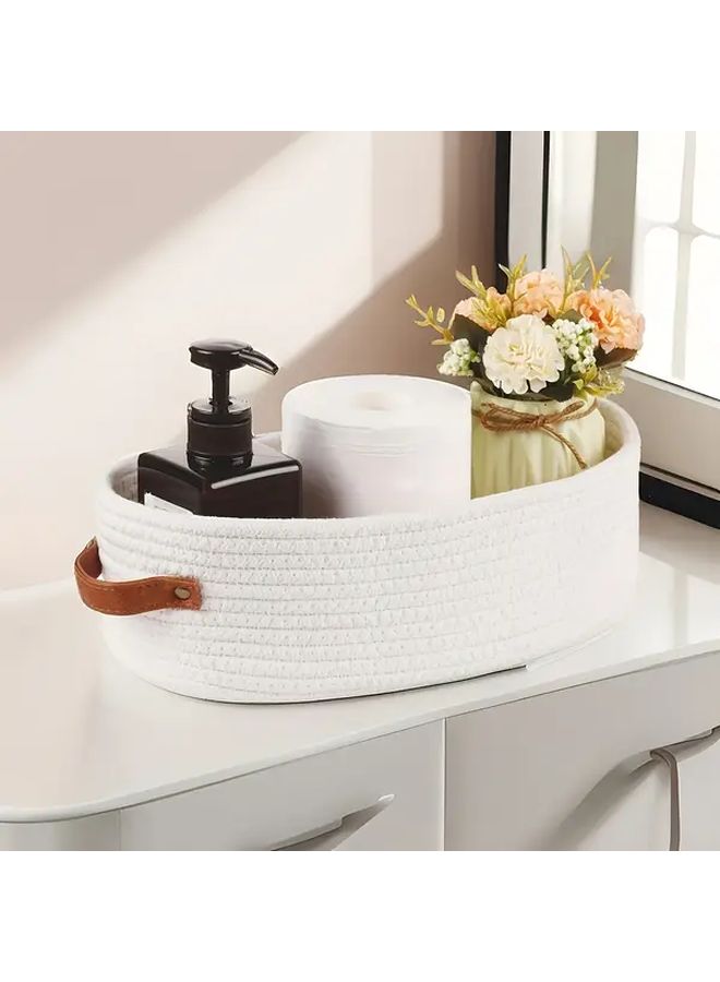White Woven Storage Basket With Handle Oval Rope Bin For Home Decor - Image 4