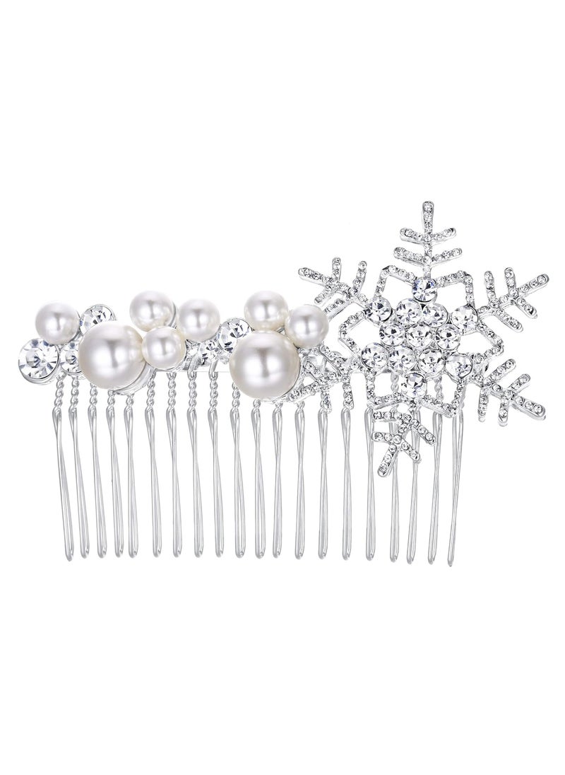 EVER FAITH - EVER FAITH Crystal Simulated Pearl Winter Snowflake Hair Side Comb Clear SilverTone - Image 1