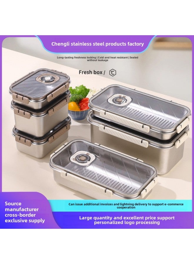 304 Stainless Steel Crisper Visual Cover Sealed Dumpling Box Refrigerator Special Freezer Food And Fruit Storage Box-Specifications:Rectangular 2200ML Creamy-white