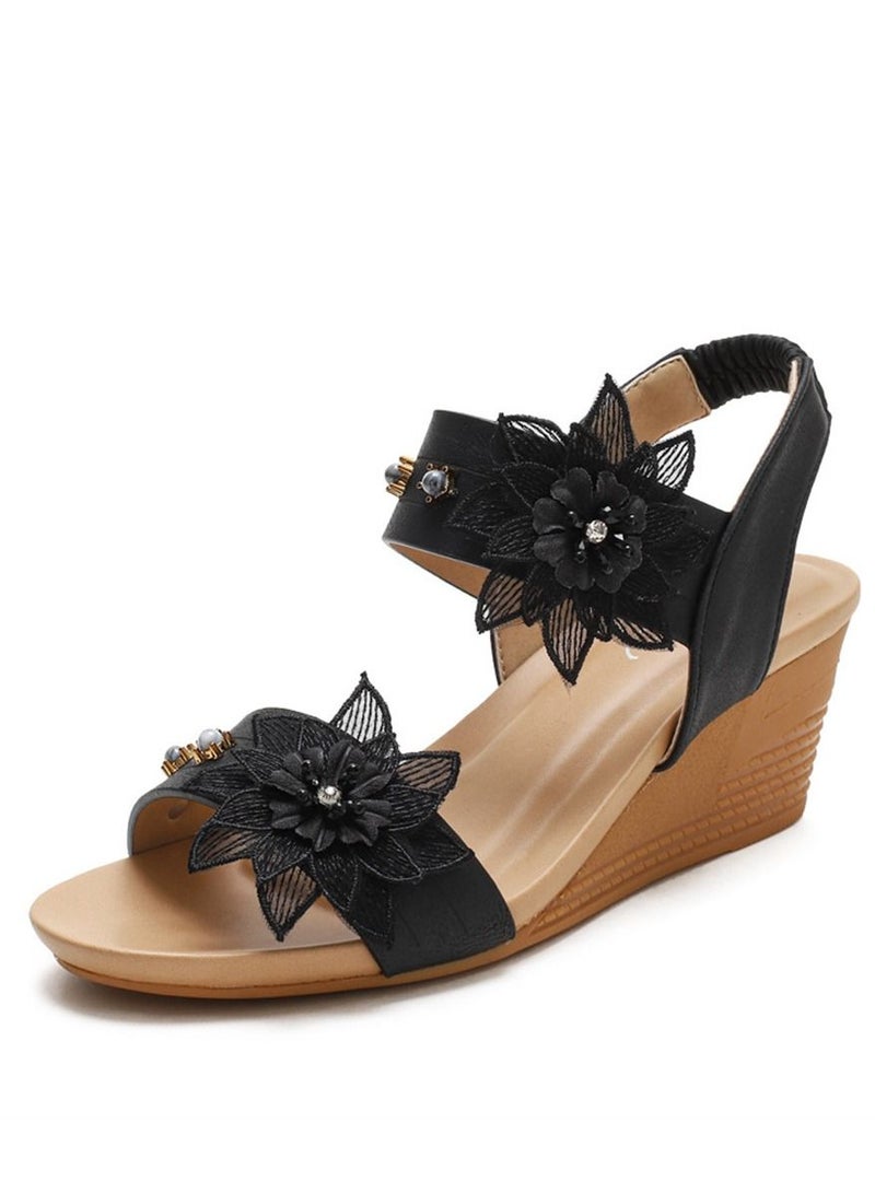 Loquat Ethnic Flower Wedge Heel Sandals 5CM Black  - Image 1