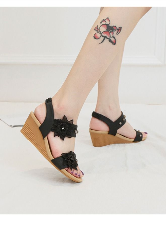 Loquat Ethnic Flower Wedge Heel Sandals 5CM Black  - Image 3