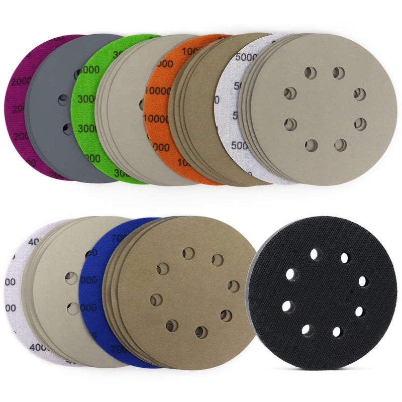 POLIWELL 5 Inch Sanding Discs Hook and Loop 8 Hole Heavy Duty Silicon Carbide Sandpaper 2000 3000 4000 5000 7000 10000 Grit with Interface Pad for Wet/Dry Sanding Grinder Polishing,30 Pack - Image 1