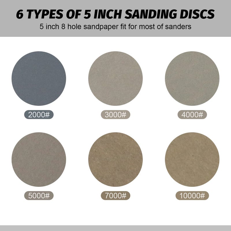 POLIWELL 5 Inch Sanding Discs Hook and Loop 8 Hole Heavy Duty Silicon Carbide Sandpaper 2000 3000 4000 5000 7000 10000 Grit with Interface Pad for Wet/Dry Sanding Grinder Polishing,30 Pack - Image 2