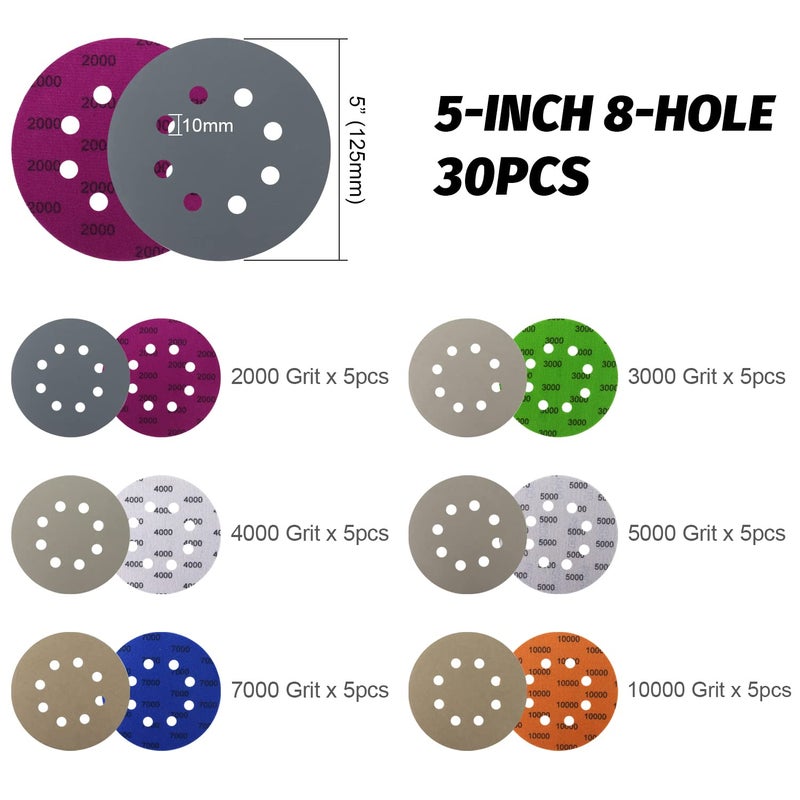 POLIWELL 5 Inch Sanding Discs Hook and Loop 8 Hole Heavy Duty Silicon Carbide Sandpaper 2000 3000 4000 5000 7000 10000 Grit with Interface Pad for Wet/Dry Sanding Grinder Polishing,30 Pack - Image 3