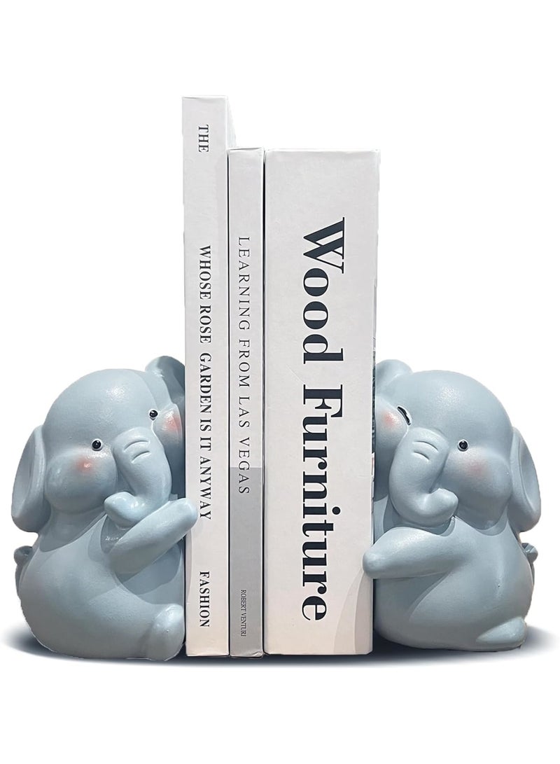 SYOSI Elephant Bookends, Decorative Book Holders for Shelves and Desks, Heavy Duty Non Slip Book Supports for Home Office and Kids Room, Cute Animal Design for Organizing Books and Decor Display, Blue - Image 1