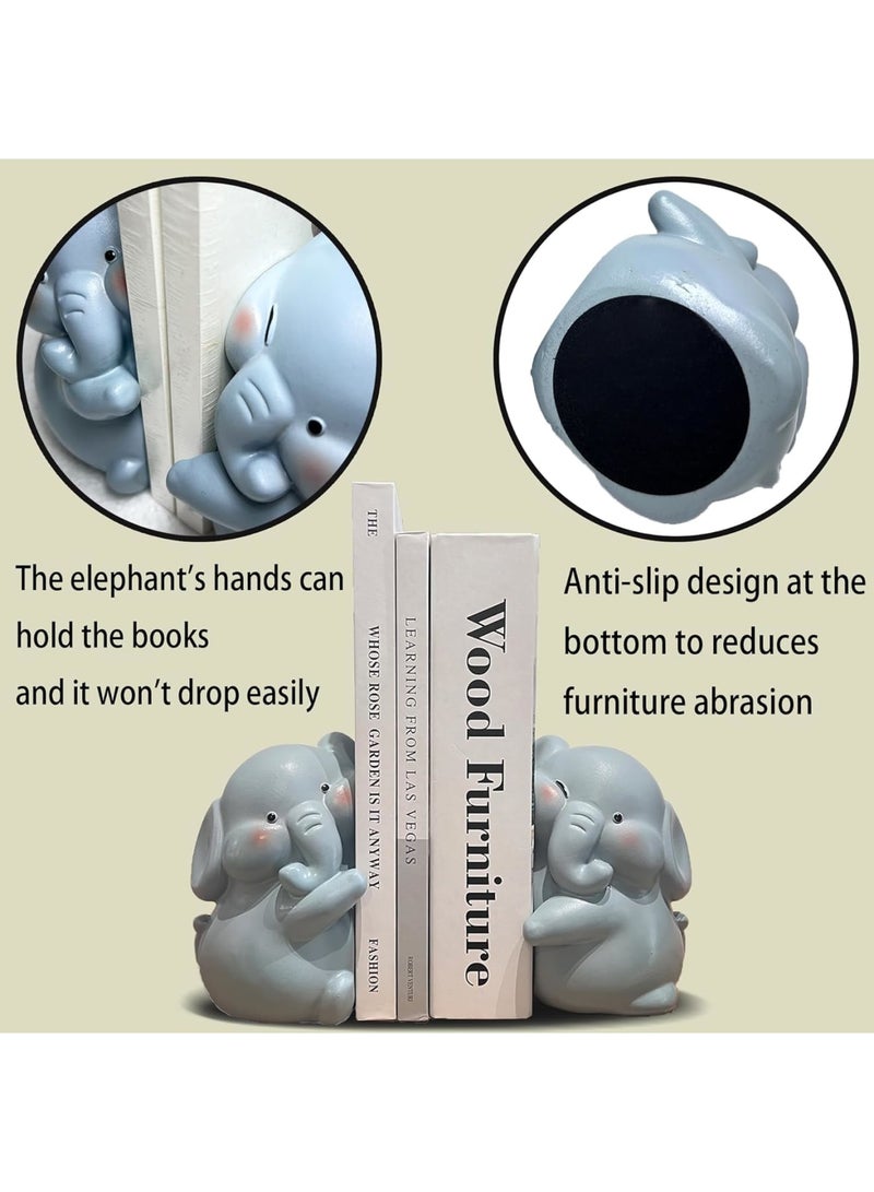 SYOSI Elephant Bookends, Decorative Book Holders for Shelves and Desks, Heavy Duty Non Slip Book Supports for Home Office and Kids Room, Cute Animal Design for Organizing Books and Decor Display, Blue - Image 4