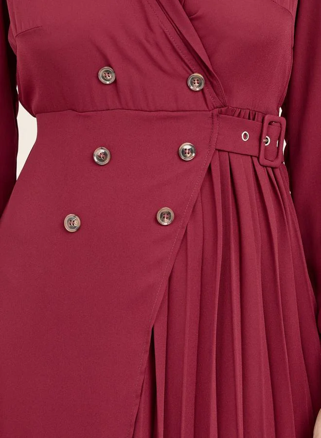 Styli Pleated Button Detail Wrap Blazer Midi Dress