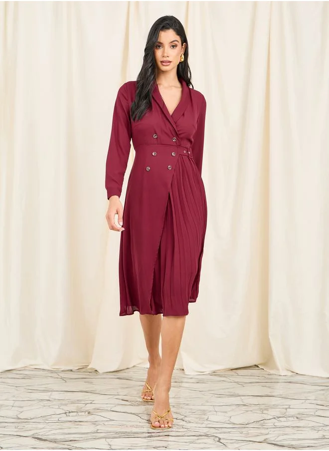 Styli Pleated Button Detail Wrap Blazer Midi Dress