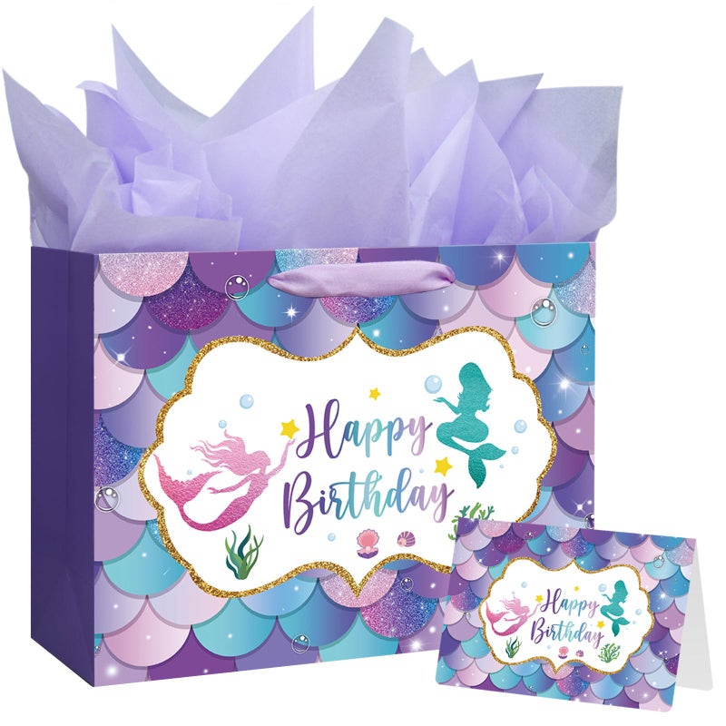 Laidans 13" Large Mermaid Happy Birthday Gift Bag with Handle, Tissue Paper and Card for Kids Girls (13in Purple) - Image 1