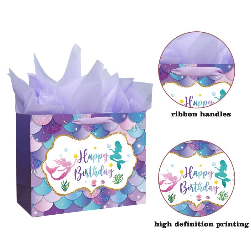 Laidans 13" Large Mermaid Happy Birthday Gift Bag with Handle, Tissue Paper and Card for Kids Girls (13in Purple) - Image 3