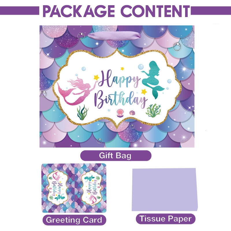 Laidans 13" Large Mermaid Happy Birthday Gift Bag with Handle, Tissue Paper and Card for Kids Girls (13in Purple) - Image 4