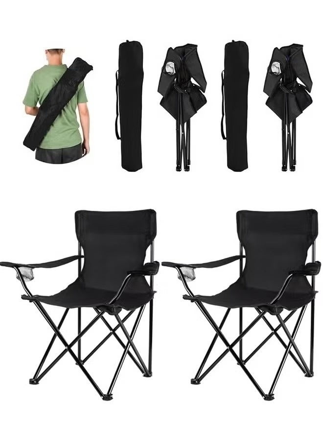 كادي ون كرسيين تخييم محمولين كرسي تخييم قابل للطي مع مساند للذراعين وحامل أكواب كراسي صيد مع حقيبة حمل كرسي شاطئ محمول خفيف الوزن مثالي للرحلات والسفر باللون الأسود - Image 1