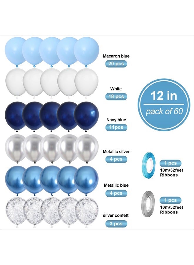 Biapian طقم بالونات زرقاء فضية، 60 قطعة بالونات زرقاء فضية بيضاء، بالونات معدنية زرقاء فضية، بالونات ماكرون زرقاء بيضاء من اللاتكس لعيد ميلاد الأولاد والرجال وزفاف وزينة حفلات ذات طابع فضائي - Image 2