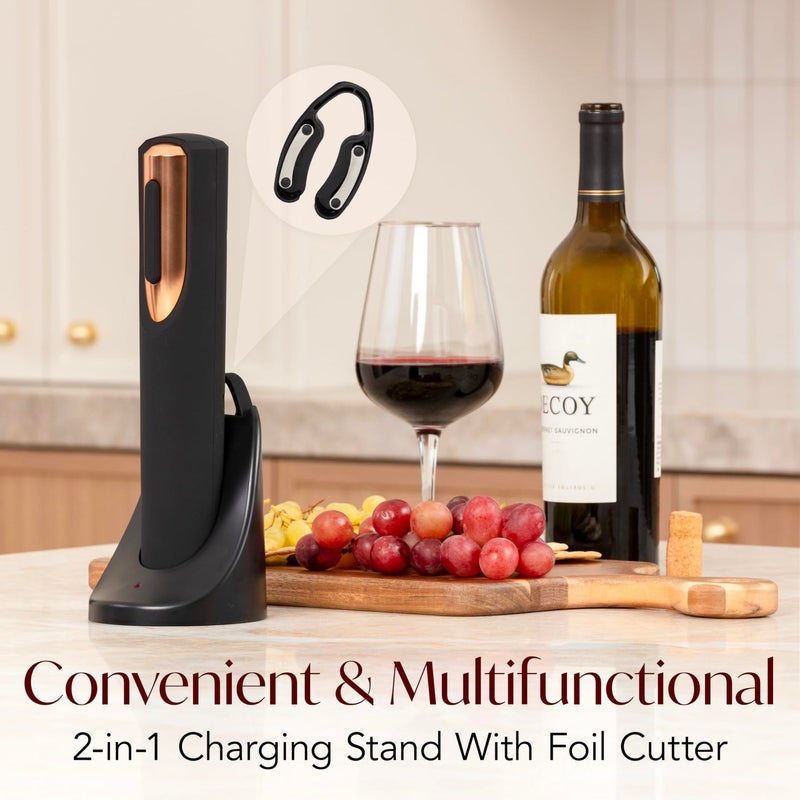 VIN FRESCO Rechargeable Electric Wine Bottle Opener Charging Base and Foil Cutter Included with Automatic Wine Opener Electric Corkscrew for Easy Cork Removal Best Gift for Wine Lover (Black & Rose Gold) - Image 3