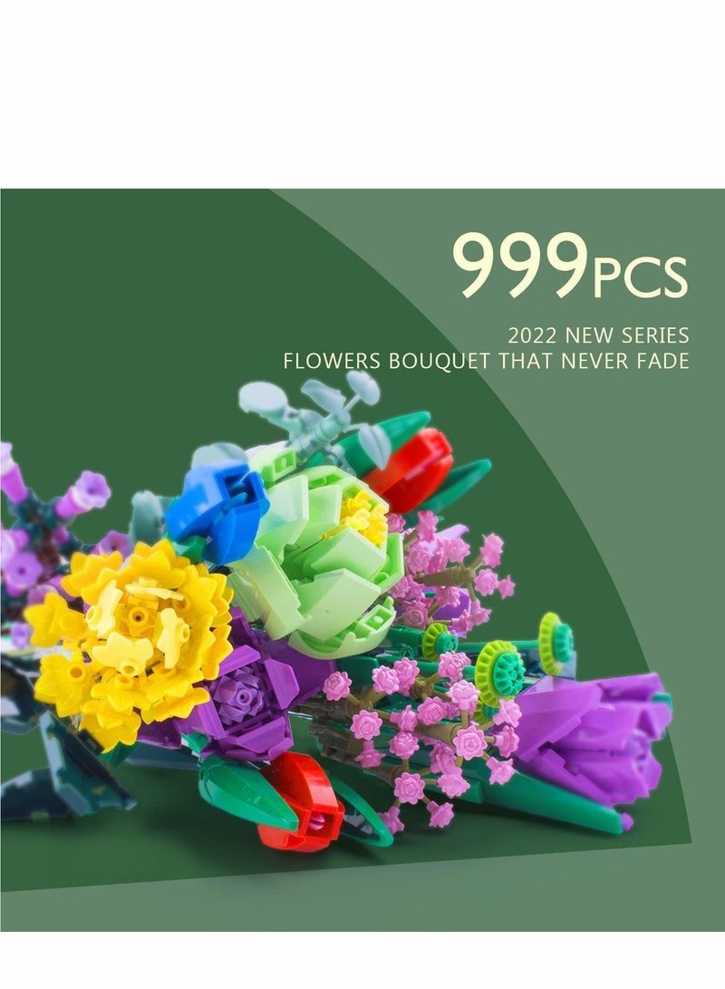 Flower Bouquet Building Kit, Artificial Flowers Botanical Collection Block Toys for Adults & Girls Ages 7+, Mothers Day Valentines Birthday Gifts Mom Women Girlfriends (999 pcs)