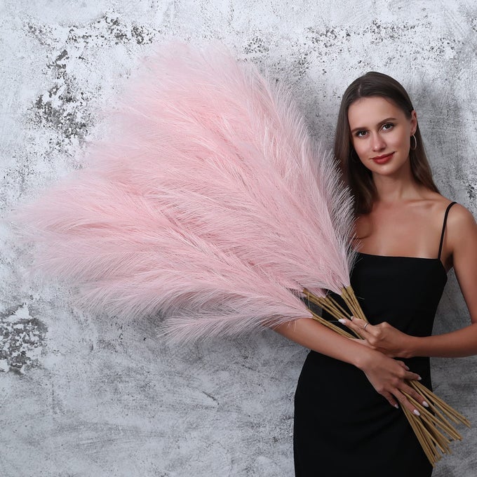 8 PCS 45 INCH TALL FAUX PAMPAS GRASS DECOR LARGE ARTIFICIAL GREY POMPOUS GRASS BULK LONG FAKE POMPAS FOR FLOOR VASE FILLER WEDDING BABY SHOWER HOME AND BOHO DECOR GREY